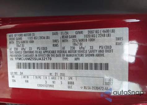 2025 Ford Escape St-Line from USA, damaged, VIN 1FMCU0MZ5SUA32170